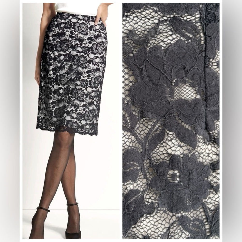Cato Black Lace Overlay Midi Pencil Skirt Sz 8